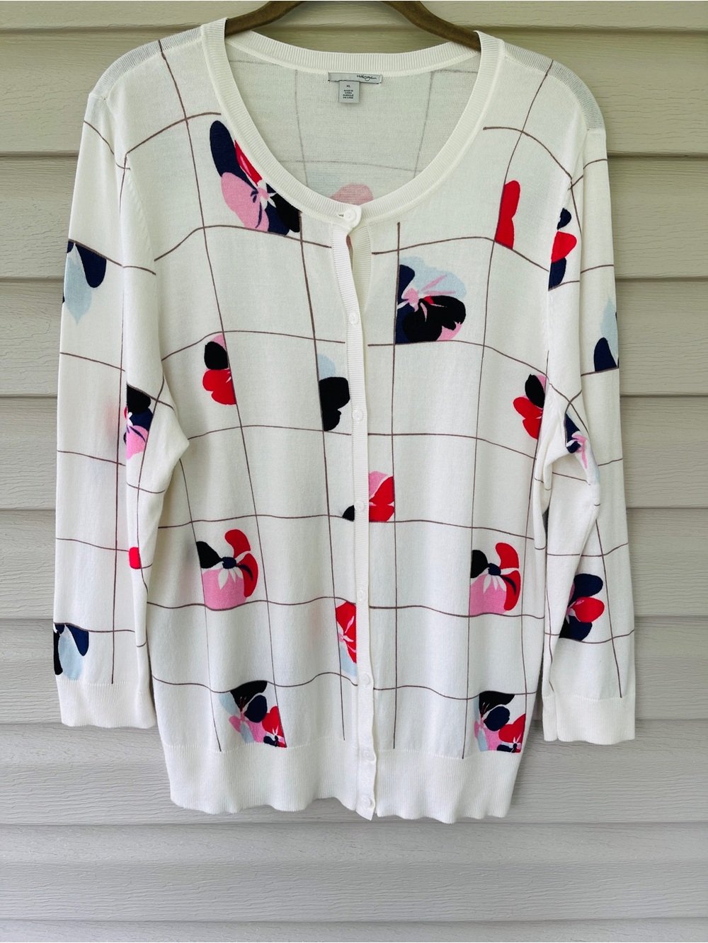 Halogen Womens Floral White Grid Lightweight Button Up Cardigan Sweater XL